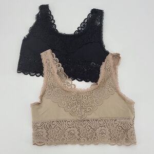 Zenana Two Lacy Bralettes Black and Beige, Size L/XL -NWOT